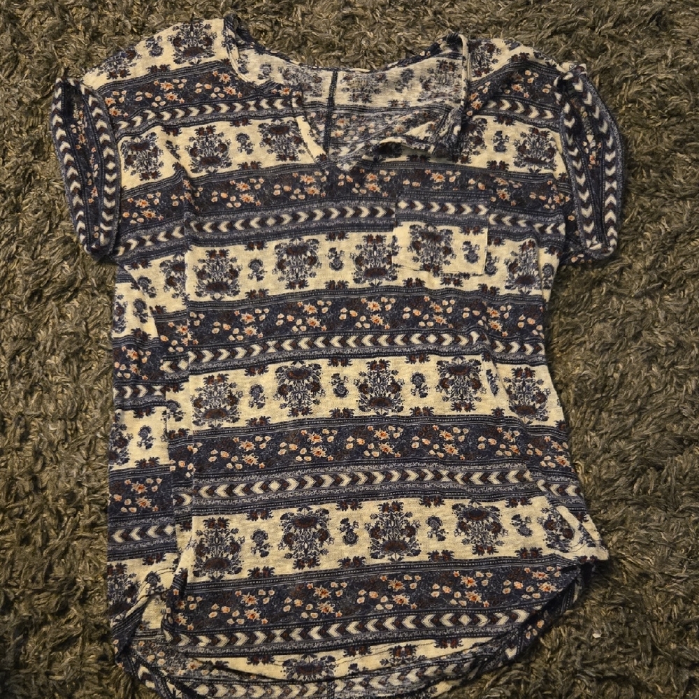 Floral Patterned Blue and Cream Women's Top